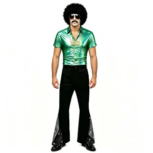 Ensemble de costume disco rétro pour homme avec chemise verte métallisée et pantalon patte d'éph.