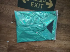 Vue détaillée de la chemise à manches courtes métallisée verte dans un emballage transparent.