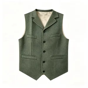 Herringbone tweed vest waistcoat detail view, British style business casual wedding attire.