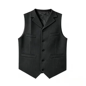Close-up of mens grey herringbone suit waistcoat, classic lapel, buttons, and pocket detail.