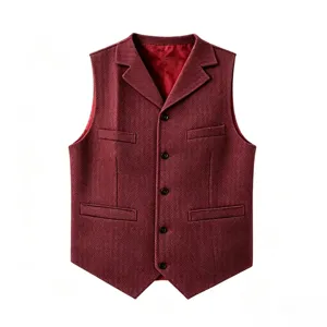 Close-up view of the wine red herringbone vest detail, elegant collar and buttons.