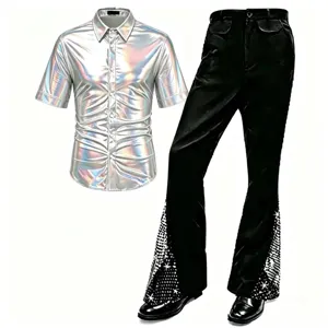 Ensemble de costume de disco pour hommes chemise manches courtes argent et pantalon
