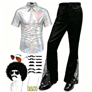 Costume Disco Homme Rétro Ensemble Chemise Manches Courtes Brillante Pantalon Pattes d'Eph Avec Perruque Lunettes Moustache Collier Outfits