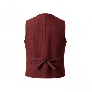 Men herringbone suit vest back view detail wine red formal business waistcoat style