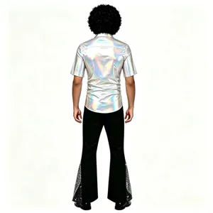 Costume disco rétro pour homme, chemise holographique argentée et pantalon patte d'eph.