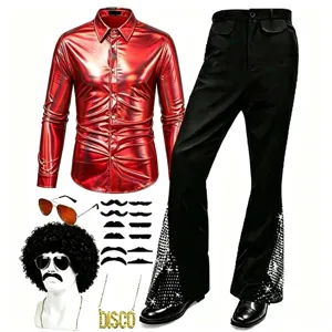 costume disco rétro homme années 70 chemise rouge brillante pantalon patte d'eph perruque