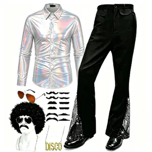 Ensemble de Costume Disco Métallique pour Hommes Chemise à Manches Longues et Pantalon Patte d'Eph avec Accessoires Rétro Scène