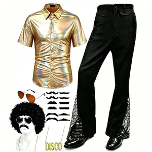 Costume Disco Homme Années 70 Chemise Dorée Brillante Pantalon Pattes d'Éph Perruque