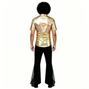 Ensemble de costume de scène rétro disco pour homme avec chemise dorée et pantalon patte d'eph.