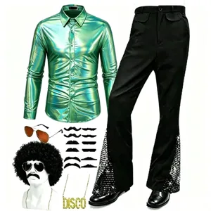 Ensemble costume disco homme annees 70 chemise metallique verte pantalon retro