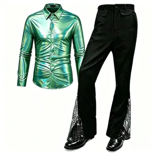 Hommes chemise manche longue metallique verte pantalon evase noir costume disco scene retro style