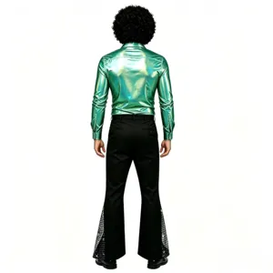 Ensemble de costume disco rétro pour homme avec chemise métallique verte brillante et pantalon