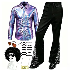 Ensemble costume disco homme années 70 chemise violette brillante pantalon patte d'eph