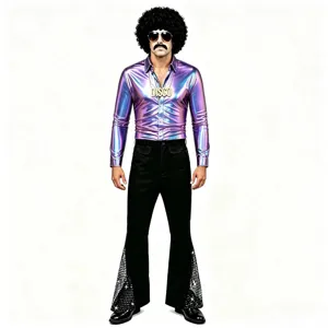 Détails du costume disco rétro montrant la chemise violette métallisée brillante et le pantalon.