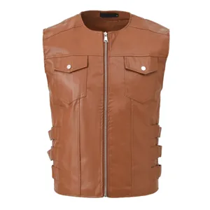 Gilet da uomo in pelle PU marrone giacca autunnale casual alla moda con zip anteriore