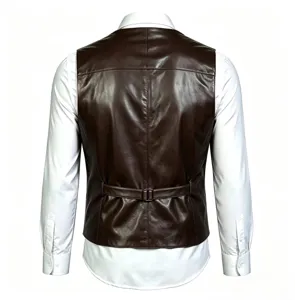 Gilet in pelle marrone da uomo vista posteriore, elegante dettaglio panciotto.