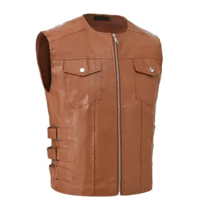Gilet in ecopelle marrone da uomo casual panciotto da moto con tasche sul petto e fibbie laterali.