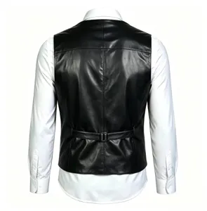 Dettaglio vista posteriore gilet in pelle nera uomo con cinturino regolabile, elegante.