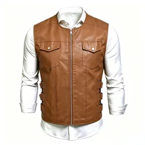 Chaleco de Cuero Sintético Casual para Hombre Monopetto Cuello Alzado Bolsillos Moda Estilo Coreano Chaqueta