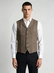 Brown herringbone tweed waistcoat detail, classic British business casual suit vest style.