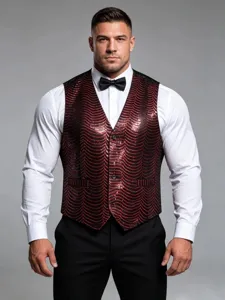 Detailed view of men's red sequined stage vest featuring a classic wave pattern design.