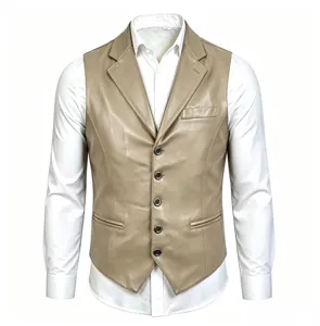 Dettaglio gilet da abito in pelle PU kaki da uomo, con scollo a V classico e monopetto.