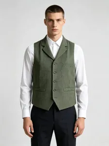 Men's herringbone suit vest in green, professional slim fit waistcoat for business and formal events.