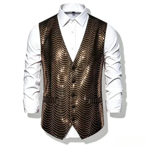 Men's black sequin stage performance vest with white dress shirt detail view product.