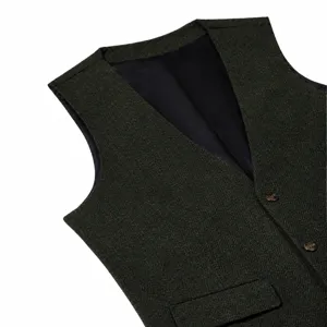 Men's dark green herringbone suit vest slim fit casual waistcoat groom single-breasted