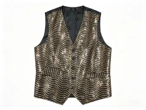 Men's Gold Sequin Vest Stage Performance Scallop Waistcoat Single-Breasted V-Neck