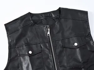 Chaleco de cuero sintetico casual para hombre con cremallera frontal y bolsillos.