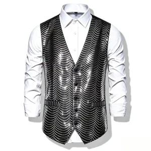 Detailed view of the men's black sequin vest with wave pattern, perfect for stage and party.