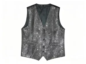 Detailed view of men's sequin vest with silver wave pattern for stage performances.