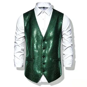 Men's green sequin vest waistcoat detail shot, stage performance party outfit sparkle top.