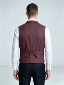 Men's burgundy herringbone tweed suit waistcoat, business casual smart vest for wedding.