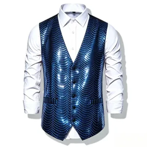 Detailed view of dark blue sequin wave pattern V-neck vest close-up stage costume texture.