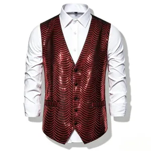 Men's red sequin waistcoat vest stage performance party host jacket top apparel.