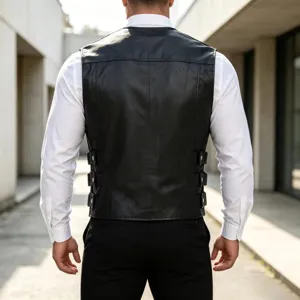 Chaleco de Cuero Sintético Negro para Hombre Casual Chaqueta Biker Estilo Moda