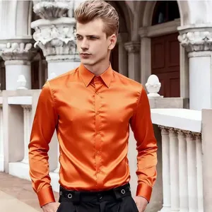 Men satin long sleeve shirt solid color casual shirt elegant party club wear top for men