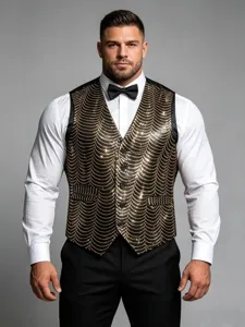 Detail shot of men's sequin waistcoat vest, featuring shiny gold pattern for stage.