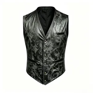 Close-up detail of the men faux leather vest with distressed texture and metal buttons.