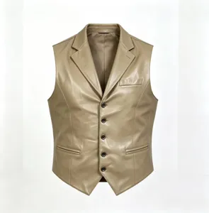 Chaleco casual de cuero PU para hombre botonadura simple traje solapa chaqueta ligera.