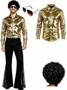 Men Retro 70s Disco Performance Costume Top And Bottom With Wig Glasses Necklace Sequin Long Sleeve Shirt Flared Pants Outfit