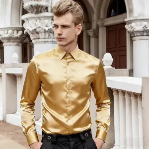 Detailed view of the luxury gold satin long sleeve shirt for men, elegant style fabric.