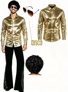 Disco costume detail shot showing metallic gold shirt, afro wig, sunglasses and Disco necklace.