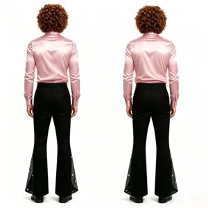 Disfraz de actuación de discoteca retro para hombre camisa raso rosa y pantalón acampanado