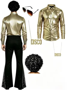 Details of retro disco costume set with gold shirt, flared pants and accessories.