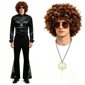 Disfraz de Disco Vintage para Hombre Conjunto Retro de Camisa de Satén de Manga Larga y Pantalón de Campana Fiesta Cosplay Escenario