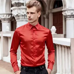 Men's red satin long sleeve dress shirt, solid color slim fit casual button-down shirt for men.