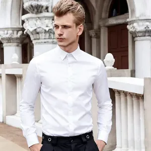 Classic white long sleeve dress shirt for men, minimalist solid color casual business style.